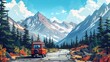 Illustration of a retro van on a road trip through a autumn forest with colorful foliage and towering mountains