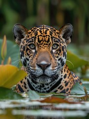 Wall Mural - jaguar in the water on the river. green natural jungle background. panthera onca.