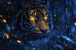 Tiger with glowing gold details in a mysterious blue forest