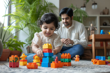 a little indian ethnic toddler playing with toys while his parent watching on