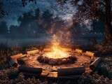 Fototapeta  - An image of a campfire surrounded by a circle of cozy seating, with the crackling sound of burning wood in the background
