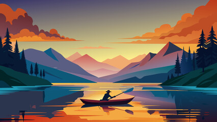 Wall Mural - Serene Canoe Trip at Sunset Amidst Majestic Mountain