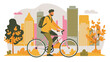 Urban Cyclist Commuting Through Cityscape in Autumn