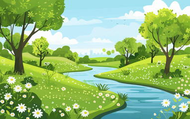 Wall Mural - a painting of a river running through a lush green field