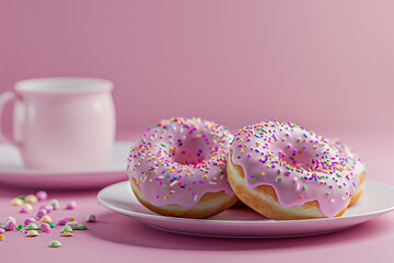 Two enticing pink frosted donuts on a white plate with a blurred coffee cup in the background