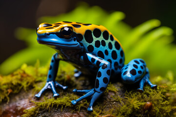  Photograph of a blue and yellow patterned frog with black spots, sitting on moss in the rainforest. A macro shot.