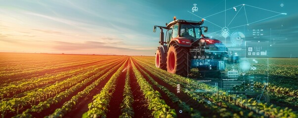 Advanced farming technology with a modern tractor in a vast field at sunset