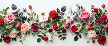 A Top View And Close Shot Of English Rose Composition With A Festive Flower Arrangement On A Studio White Surface With A Big Space For Text Or Product Advertisement, Generative AI.