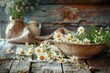 A harmonious blend of daisies and herbal medicine elements, arranged on a rustic wooden table