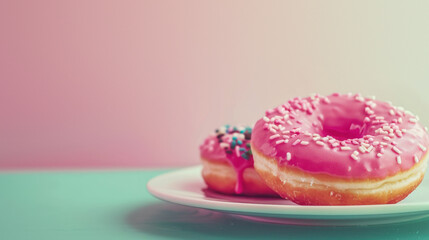 Two delectable pink frosted doughnuts served on a white saucer against a soft pastel gradient backdrop