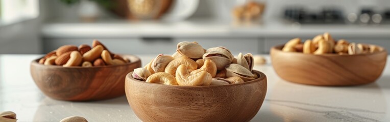 Three wooden bowls placed on a counter, each filled with a variety of nuts such as almonds, walnuts, and pistachios
