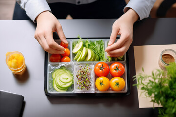 Wall Mural - Person is eating healthy balanced lunch at work. Prepared meal ready to eat at office. Lunch in container for office worker. Having lunch at work