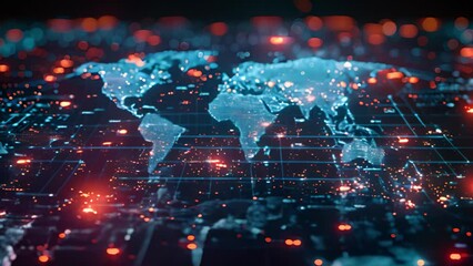 Poster - Glowing Digital World Map on Circuit Board Background Illustrating Global Connectivity