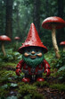 little gnome robot wearing a red hat with white polka dots walking in the woods in the rain