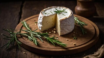 Wall Mural - Delicious Camembert cheese, rosemary vintage


