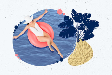 Wall Mural - Composite photo collage of young girl wear sexy white swimsuit lie lifebuoy sea waves sand beach palm plant isolated on painted background