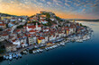 © zgphotography - Sibenik, Croatia - Aerial panoramic view of the mediterranean old town of Sibenik on a sunny summer morning with Saint James Cathedral, Fortress of Saint Michael and dramatic golden sunrise