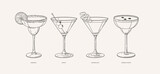 Fototapeta Panele - Margarita, Martini, Cosmopolitan, Espresso Martini. Set of popular alcoholic cocktails in linear style. Illustration for drinks cards, bar and wedding menus, cards and website graphics.