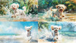 A set of summer watercolors with a running and smiling dog, a white poodle on a background of sea water, on a sandy beach against a background of exotic plants
