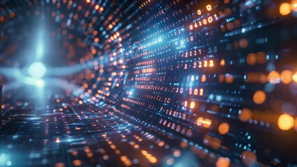 Poster - Flow of Digital Data Through Cyber Tunnel in Glowing Blue