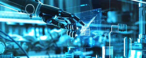 Poster - Futuristic robotic arm in blue light handling electronic components and data visualizations