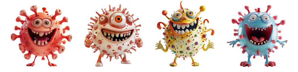 set of 3d cute cartoon disease, viruses, bacteria, isolated on white background, png