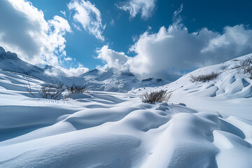 Canvas Print - A picture of a winter scene with trees upfront and a blue sky with cloud formations behind