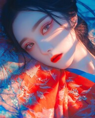 conceptual woman stylish portrait asian style dress and composition makeup cosmetic magazine style vertical proportion