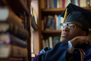 Sticker - portrait of diverse black guy wearing Mortarboard Graduation Hat graduate student reflecting on his academic journey in the library among books