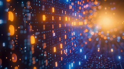 Poster - Abstract Digital Data Stream With Glowing Blue and Orange Particles