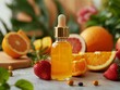 Essential oil blend in drop bottle with orange fruit