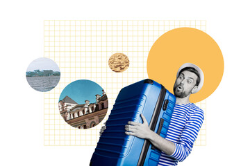 Poster - Composite photo collage of astonished guy carry huge suitcase relocation new town tourist move sand sea rest isolated on painted background