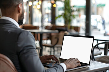 Wall Mural - Profile view of a businessman utilizing a laptop with a blank white screen while seated in a café, illustrating the concept of remote work and modern lifestyles