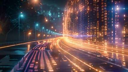 Poster - Digital Data Stream Flowing Along a Highway at Night