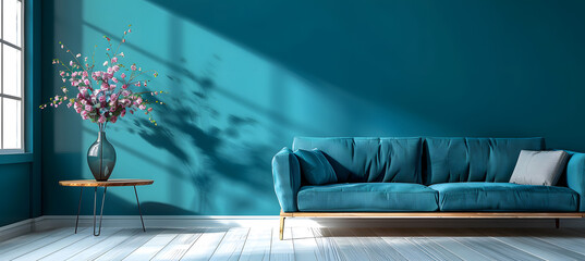 Wall Mural - interior design of living room with blue sofa and blue wall 