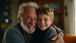 © Photolife   - Generations smiling, portrait of European grandfather and grandson hugging each other