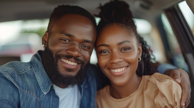Enjoying Travel Concept. Smiling handsome African American man driving a car, selective focus on happy beautiful young woman sitting on the front passenger seat and looking out of window