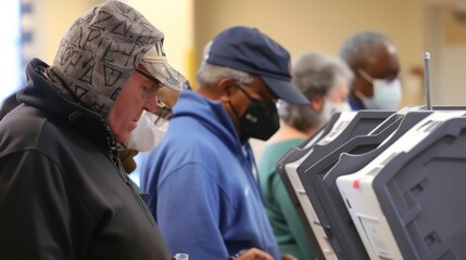 Wall Mural - People voting on voting machine in a vote station center in voting season.