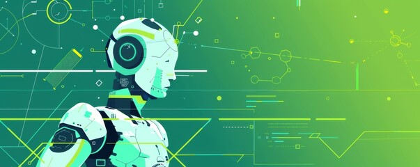 Poster - Futuristic and energy-efficient robot showcasing advanced technology in a dynamic digital environment
