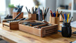 Wooden box with stationery on table in office, closeup