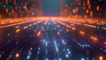 Poster - Abstract View of Glowing Blue and Orange Lights on Electronic Circuit Board