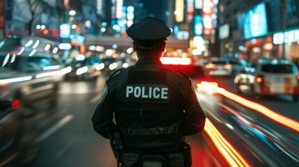 portrait of a male police officer on duty in a busy night street in city