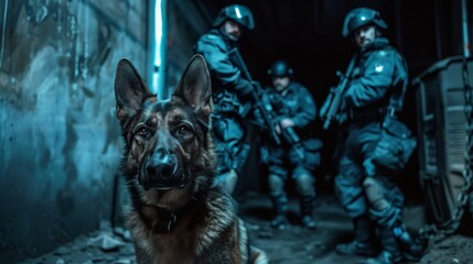 Portrait of a police dog with SWAT police team in a large city