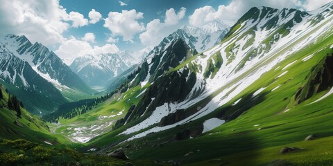 Wall Mural - High snowy mountains, green valley below, cinematic shot 