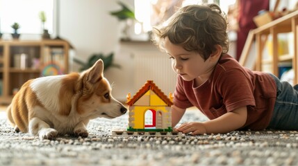 Wall Mural - Little kid playing with a dog on carpet floor at home.