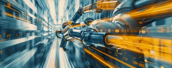 Poster - Advanced robotic arms in high-speed operation within an industrial setting