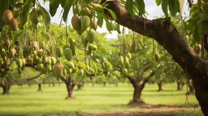 Wall Mural - Close-up of Fresh green Mangoes hanging on the mango tree on a garden farm