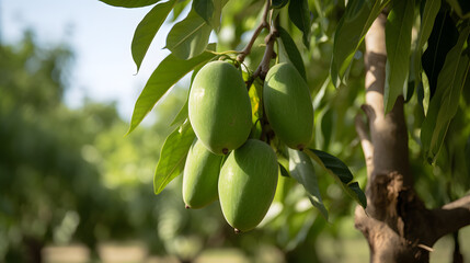 Wall Mural - Close-up of Fresh green Mangoes hanging on the mango tree on a garden farm