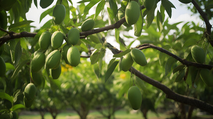 Wall Mural - Close-up of Fresh green Mangoes hanging on the mango tree on a garden farm