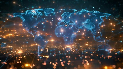 Poster - Global Network Connectivity and Data Exchange Visualized Over a Cityscape at Night